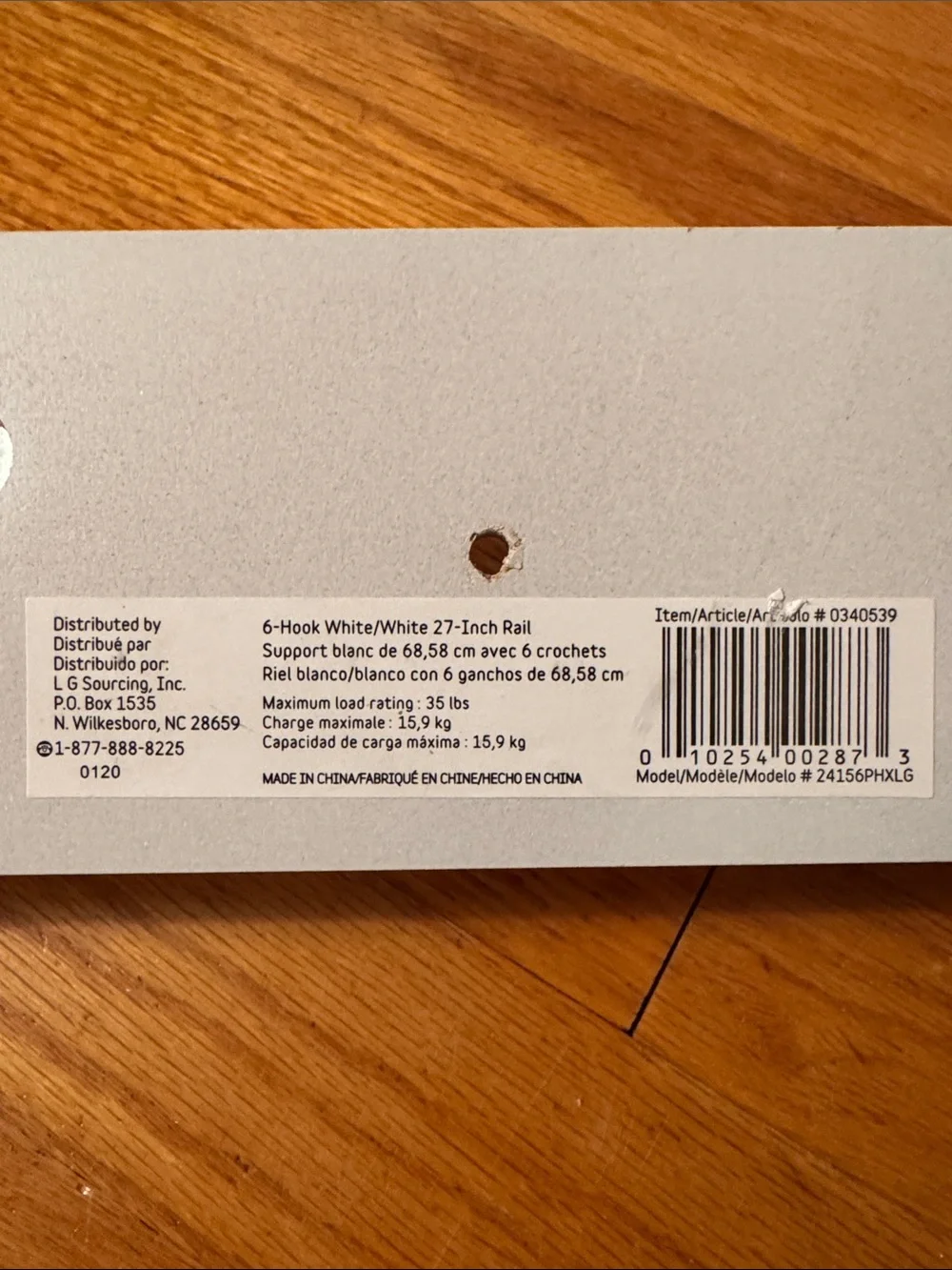 27'' White 6 Hook Rail with 6 Heavy Duty Coat and Hat Hooks